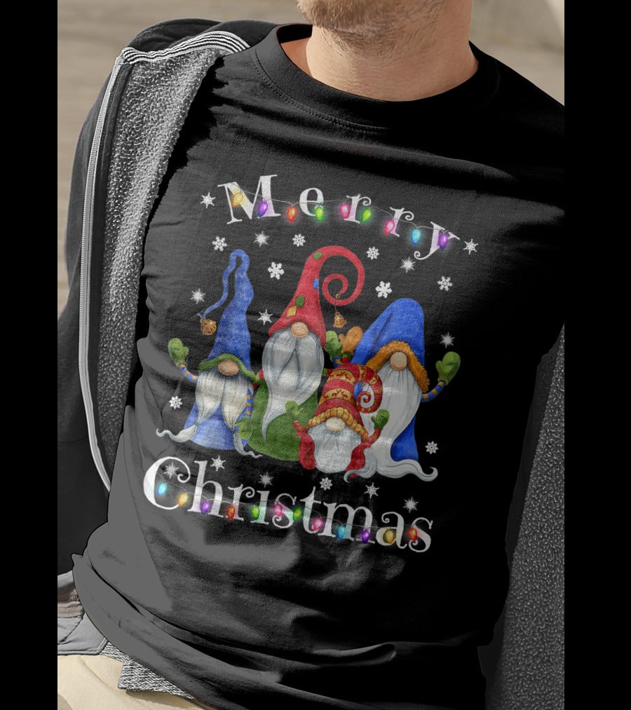 Merry Christmas Garden Gnome Festive Lights T-Shirt