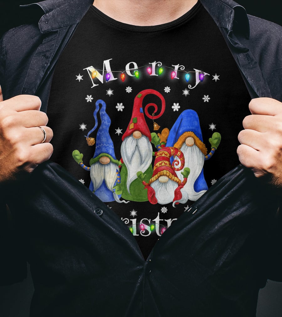 Merry Christmas Garden Gnome Festive Lights T-Shirt