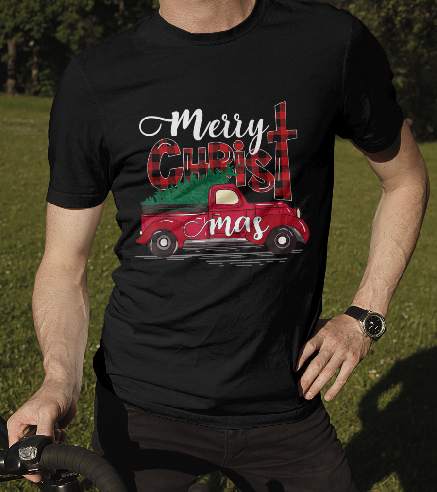 Merry Christmas Buffalo Plaid Christian Cross With Red Truck T-Shirt