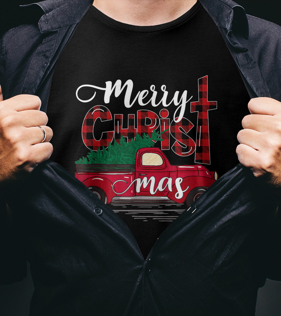 Merry Christmas Buffalo Plaid Christian Cross With Red Truck T-Shirt