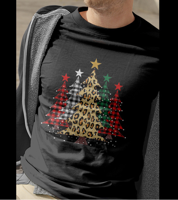 Merry Christmas Trees Buffalo Plaid Leopard Stars Holiday T-Shirt