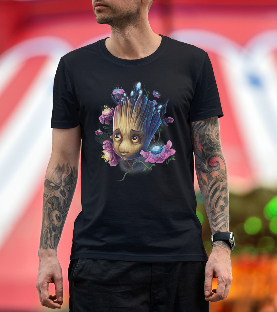 Marvel Guardians Of The Galaxy Groot Surrounded By Vibrant Flowers And Glowing Bugs T-Shirt