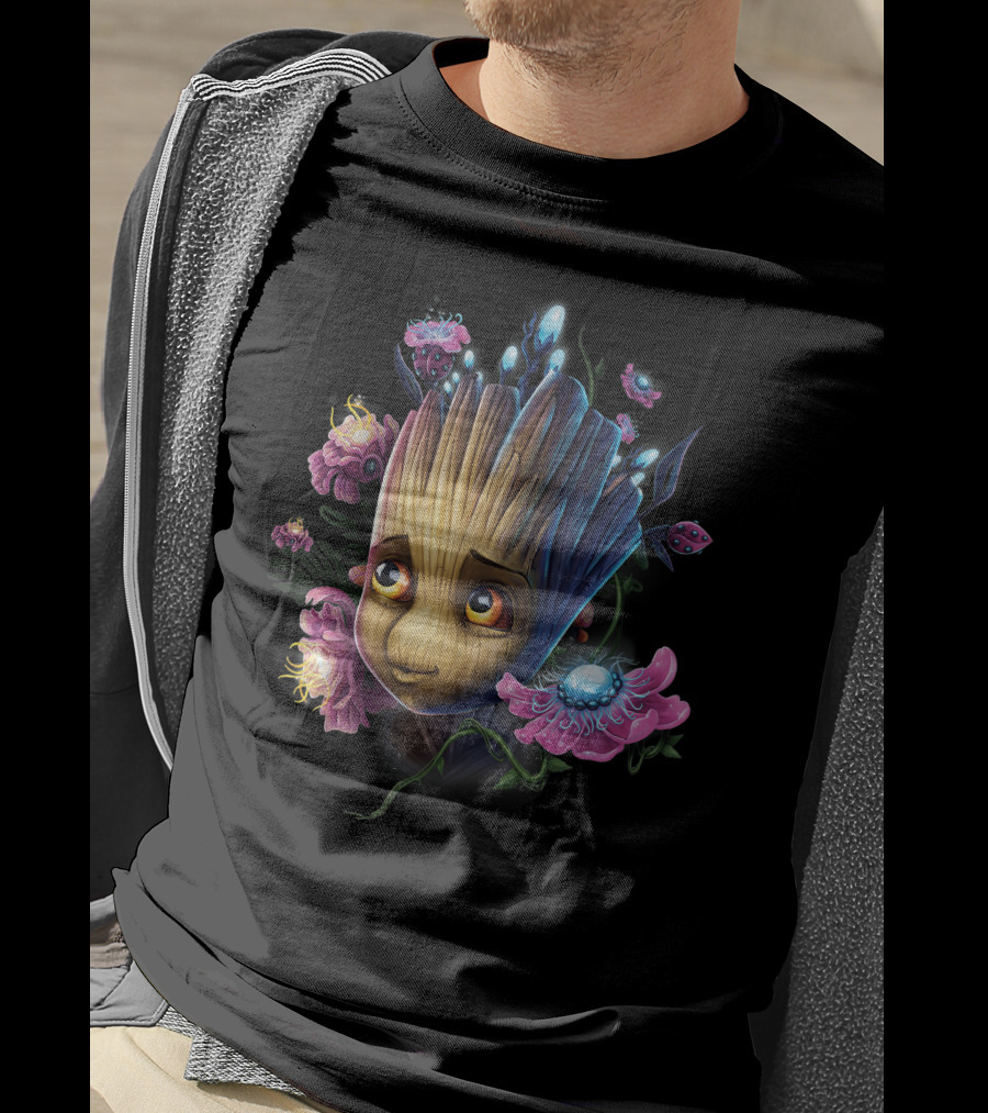 Marvel Guardians Of The Galaxy Groot Surrounded By Vibrant Flowers And Glowing Bugs T-Shirt