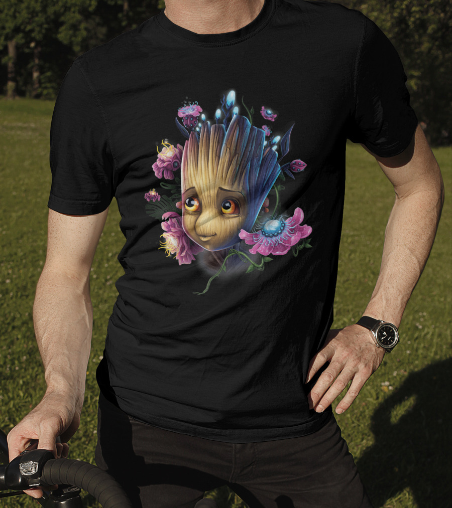Marvel Guardians Of The Galaxy Groot Surrounded By Vibrant Flowers And Glowing Bugs T-Shirt