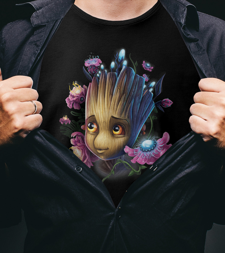 Marvel Guardians Of The Galaxy Groot Surrounded By Vibrant Flowers And Glowing Bugs T-Shirt