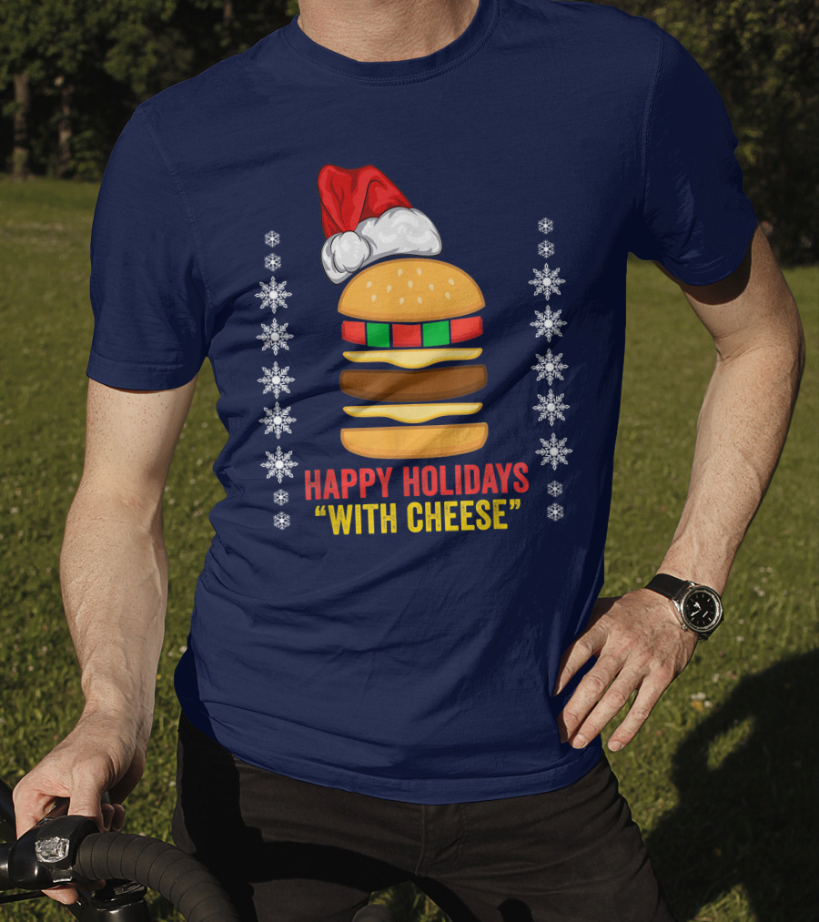 Happy Holidays With Cheese Christmas Cheeseburger Santa Hat Snowflakes T-Shirt