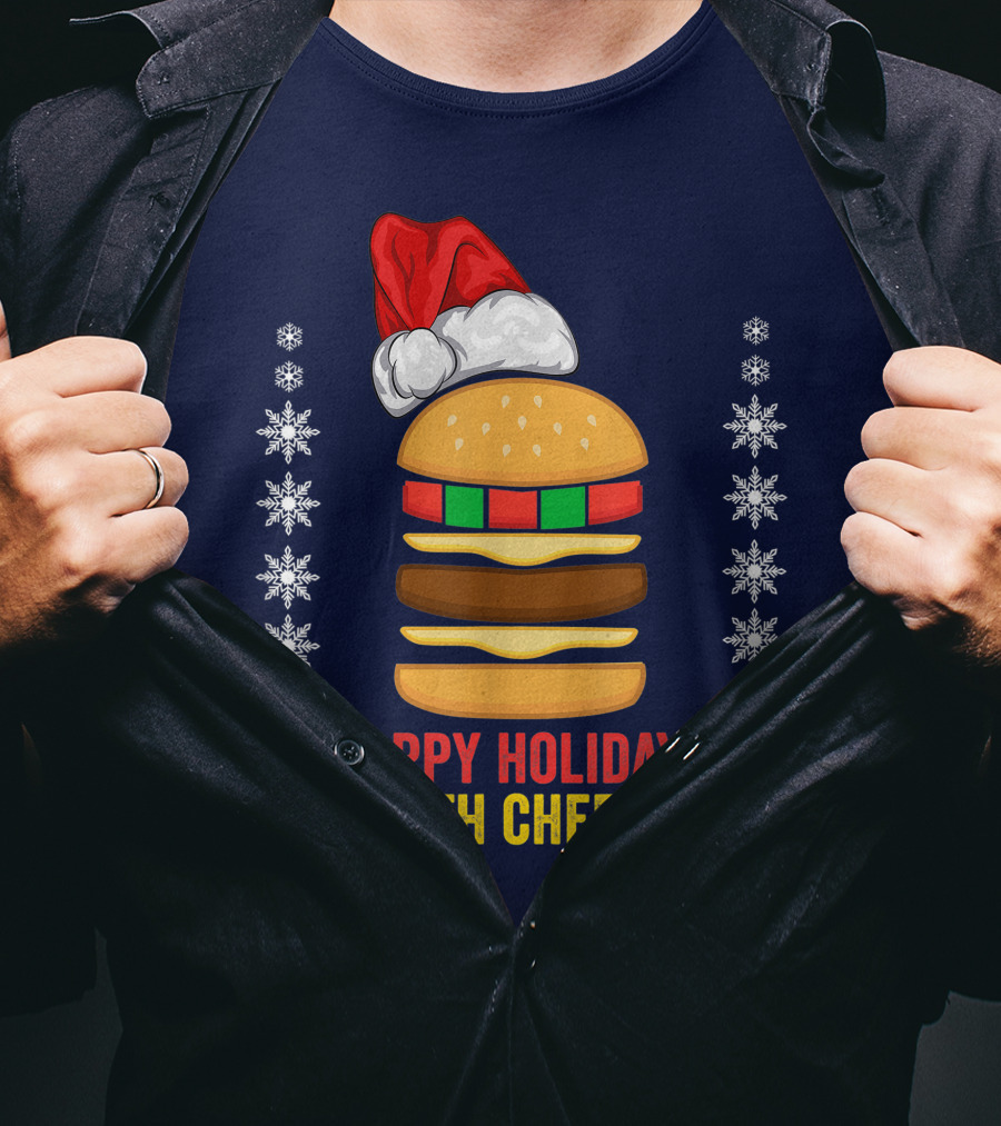 Happy Holidays With Cheese Christmas Cheeseburger Santa Hat Snowflakes T-Shirt