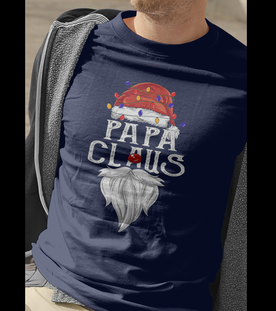 Papa Claus Santa Hat Beard Christmas Lights T-Shirt