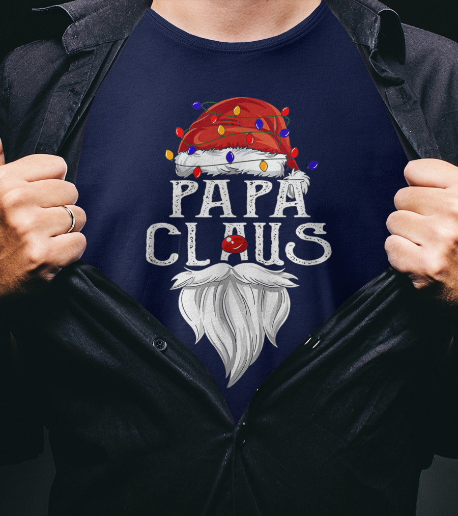 Papa Claus Santa Hat Beard Christmas Lights T-Shirt