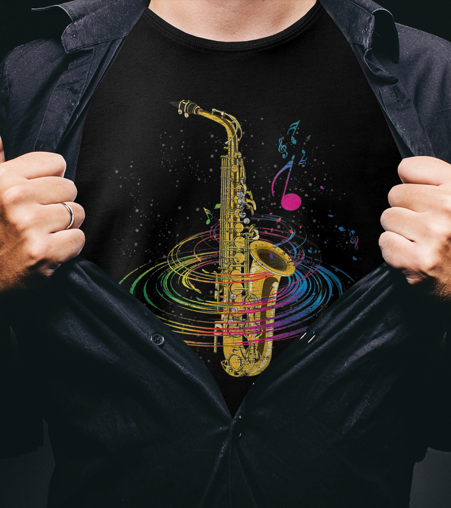 Music Notes Colorful Saxophone Vortex T-Shirt