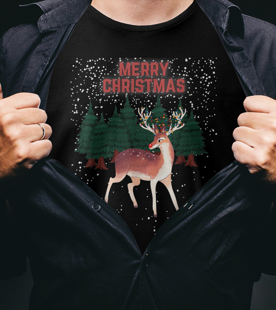 Merry Christmas Reindeer Rudolph Tangled Christmas Lights Snowy Forest T-Shirt