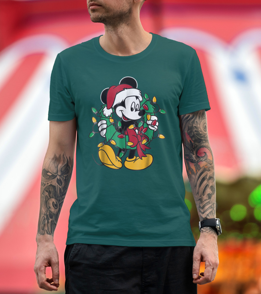 Disney Mickey Mouse Santa Hat Christmas Lights Wreath T-Shirt