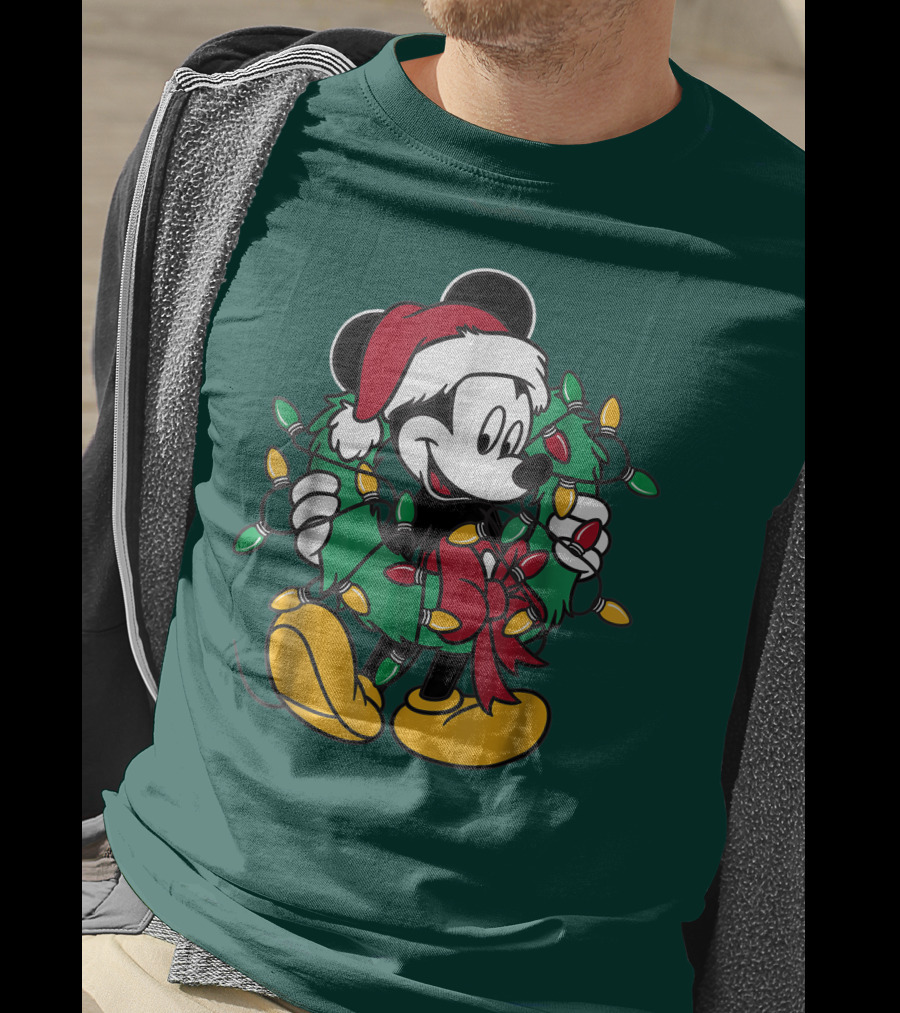 Disney Mickey Mouse Santa Hat Christmas Lights Wreath T-Shirt