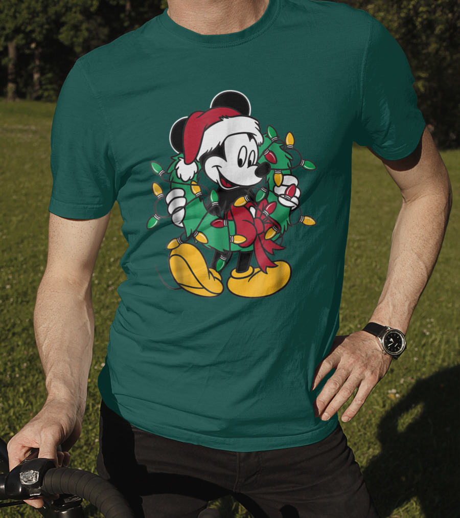Disney Mickey Mouse Santa Hat Christmas Lights Wreath T-Shirt