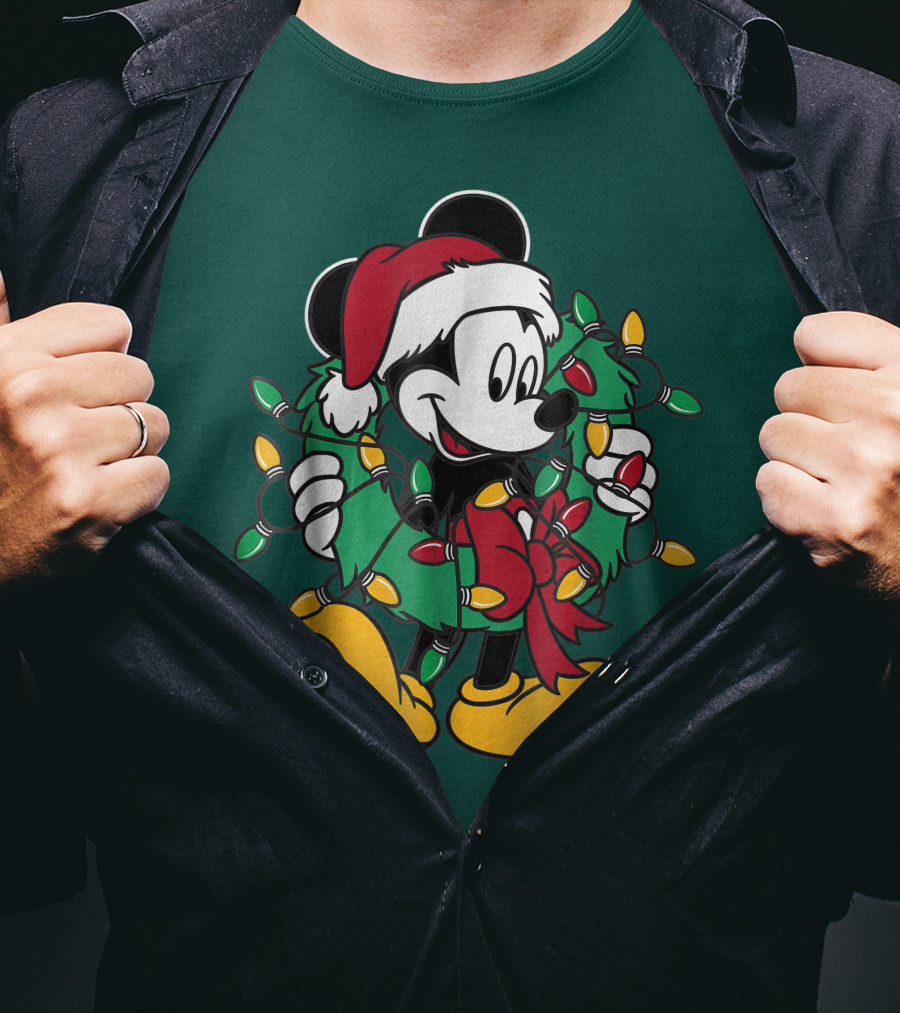 Disney Mickey Mouse Santa Hat Christmas Lights Wreath T-Shirt