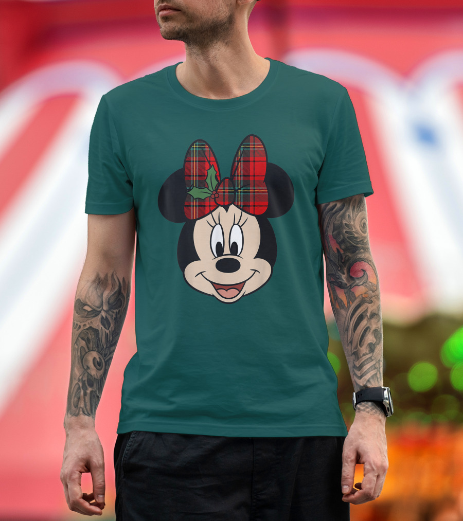 Disney Minnie Mouse Plaid Christmas Bow with Holly T-Shirt