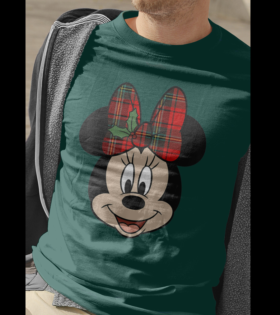 Disney Minnie Mouse Plaid Christmas Bow With Holly T-Shirt