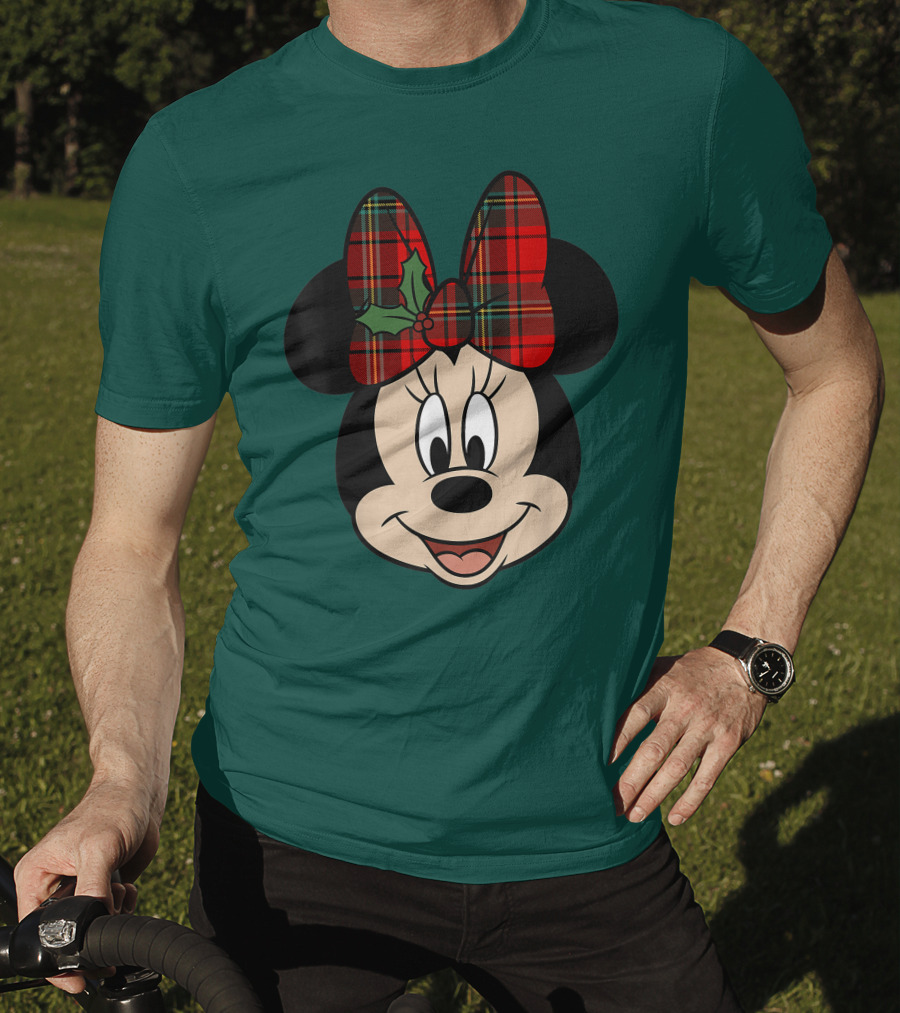 Disney Minnie Mouse Plaid Christmas Bow With Holly T-Shirt