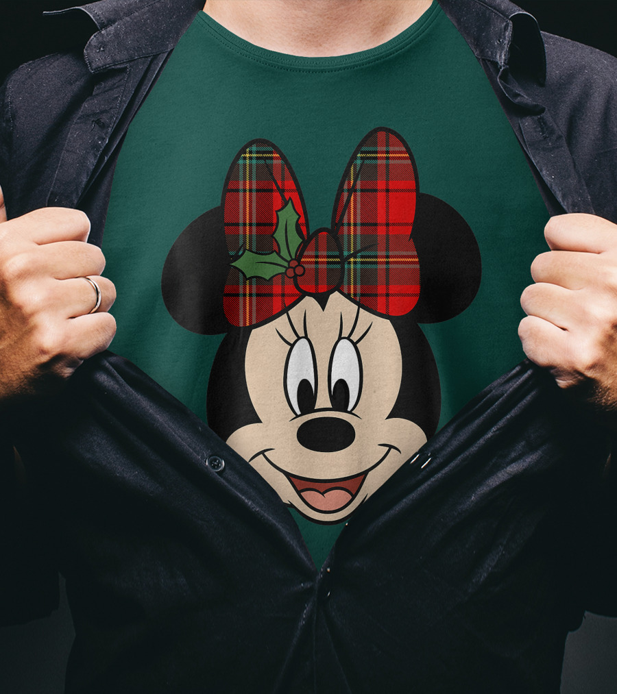 Disney Minnie Mouse Plaid Christmas Bow With Holly T-Shirt