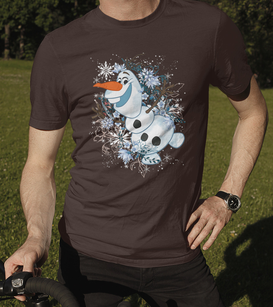 Olaf Dancing Surrounded By Snowflakes And Flowers From Disney Frozen T-Shirt