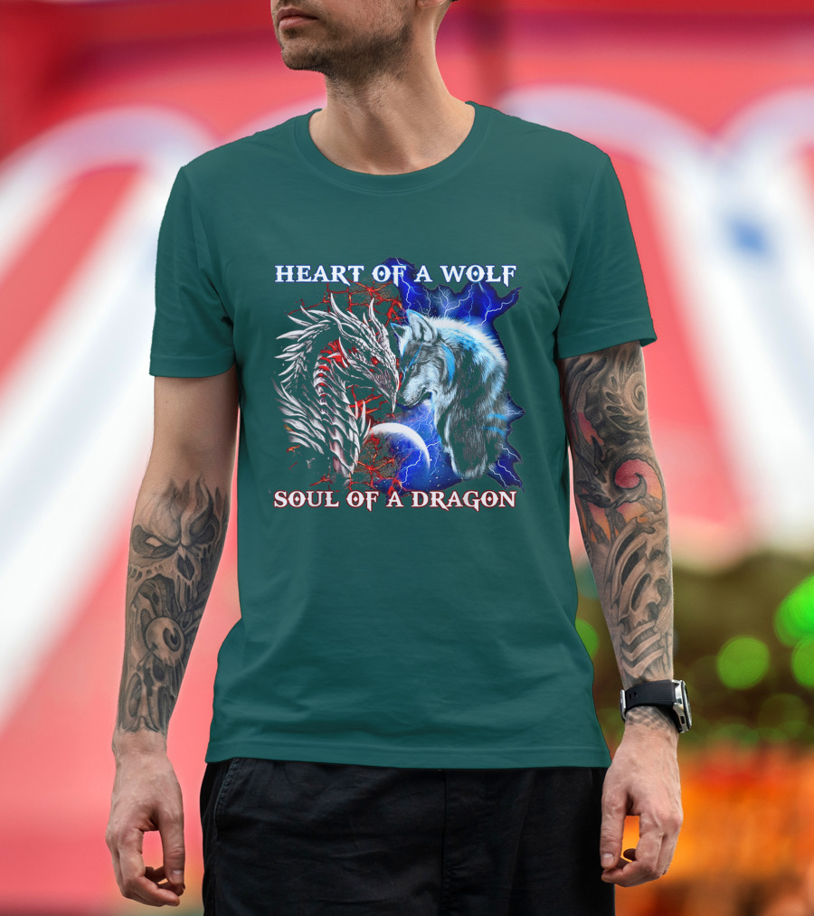 HEART OF A WOLF SOUL OF A DRAGON Wolf Dragon Lightning Planet Cracked Earth T-Shirt