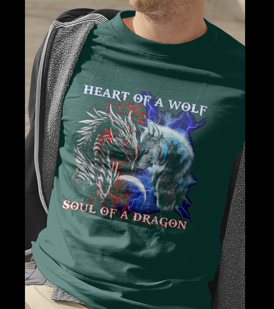 HEART OF A WOLF SOUL OF A DRAGON Wolf Dragon Lightning Planet Cracked Earth T-Shirt