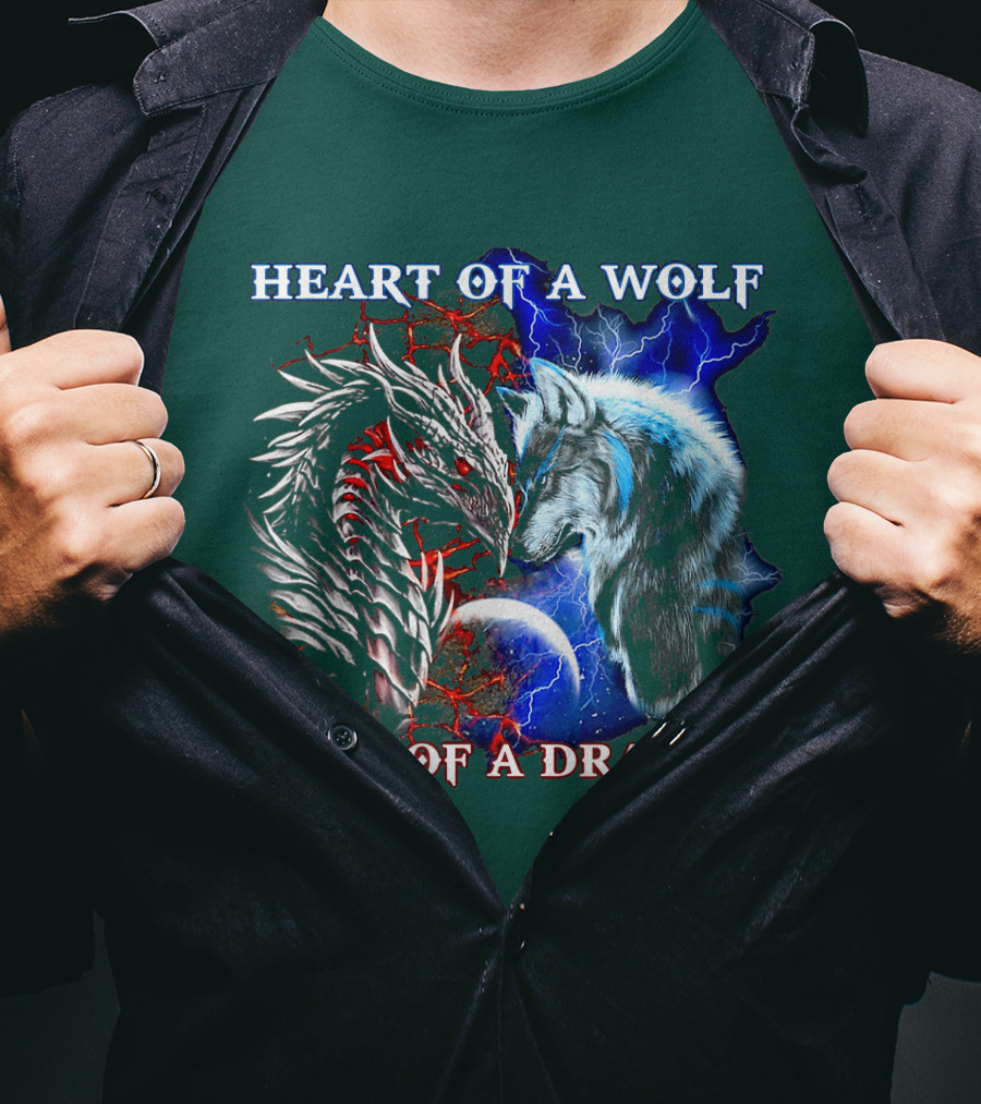 HEART OF A WOLF SOUL OF A DRAGON Wolf Dragon Lightning Planet Cracked Earth T-Shirt