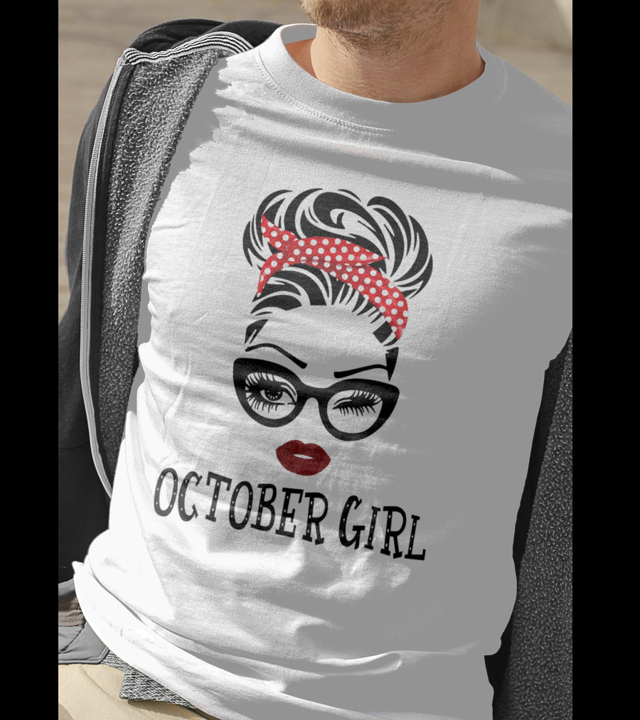 October Girl Woman Face Wink Eyes Red Lipstick Polka Dot Headband T-Shirt