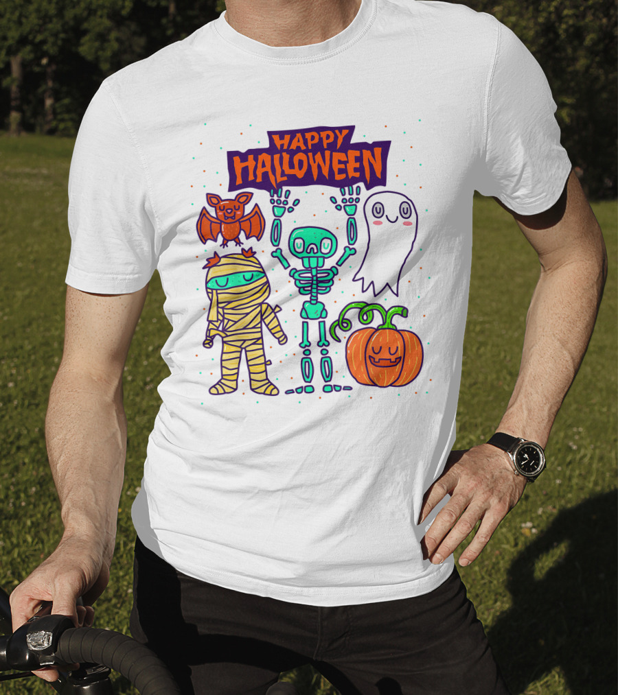 Happy Halloween Skeleton Ghost Pumpkin Mummy Bat T-Shirt