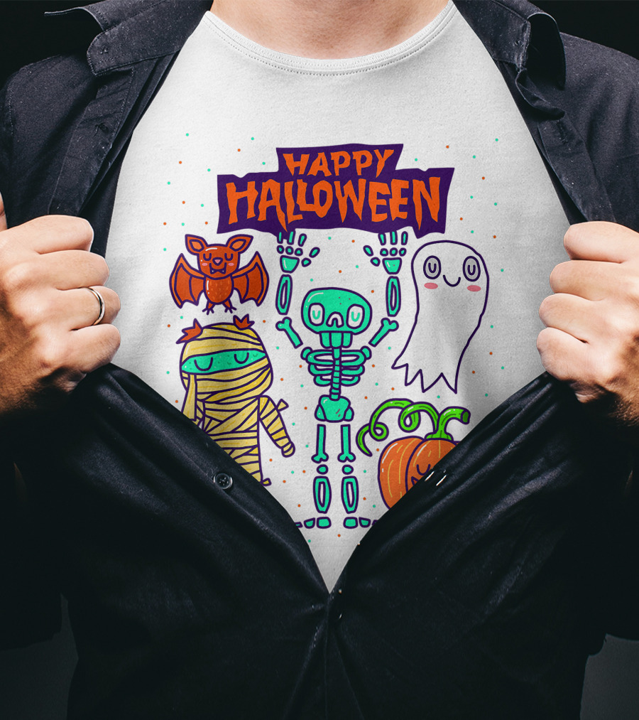 Happy Halloween Skeleton Ghost Pumpkin Mummy Bat T-Shirt