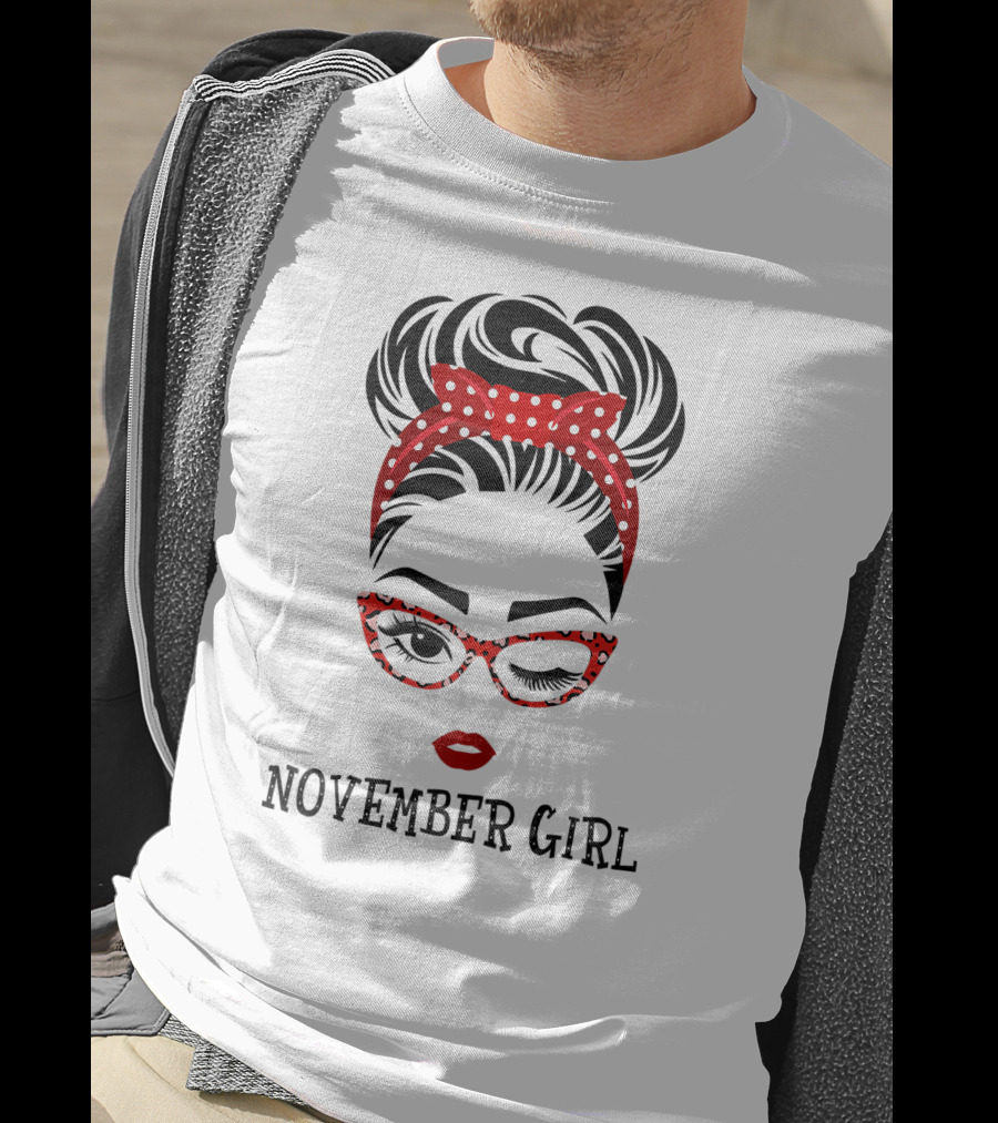 November Girl Wink Eye Woman Face Wink Eyes Lady Birthday Red Polka Dot Glasses T-Shirt