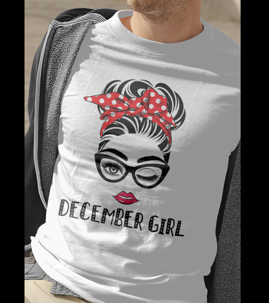 December Girl Woman Face Wink Eyes Lady Face Birthday Red Polka Dot Headband T-Shirt