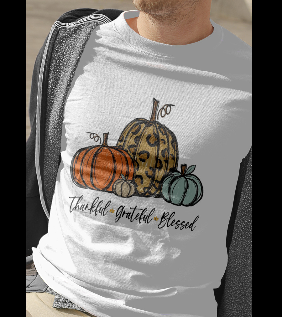Thankful Grateful Blessed Leopard Print Pumpkin Thanksgiving Day T-Shirt