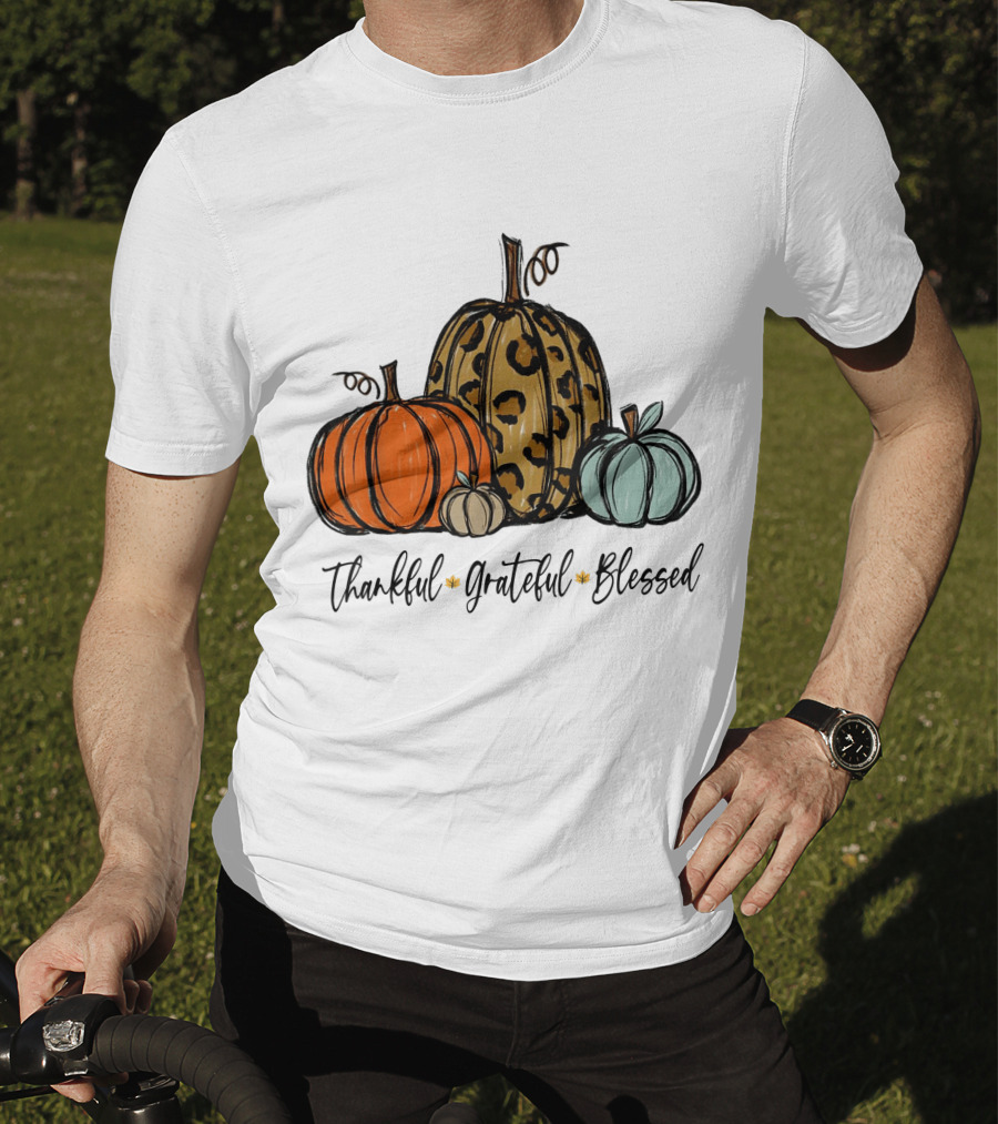 Thankful Grateful Blessed Leopard Print Pumpkin Thanksgiving Day T-Shirt