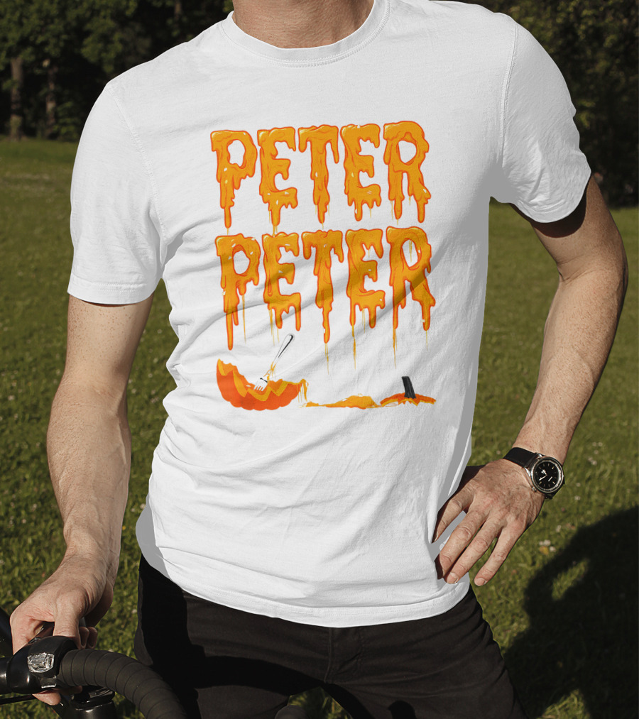 Peter Peter Pumpkin Eater Dripping Orange Text With Fork In Pumpkin T-Shirt