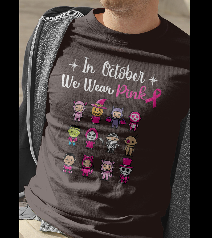In October We Wear Pink Breast Cancer Awareness Halloween Characters T-Shirt