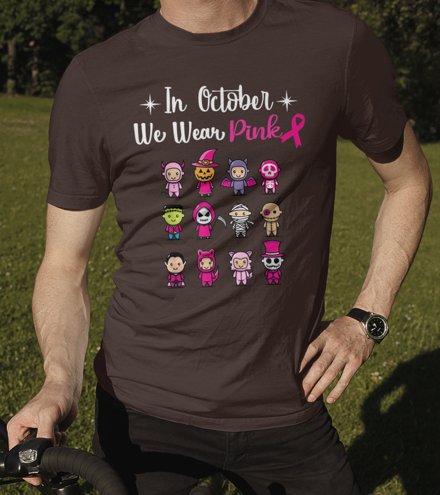 In October We Wear Pink Breast Cancer Awareness Halloween Characters T-Shirt