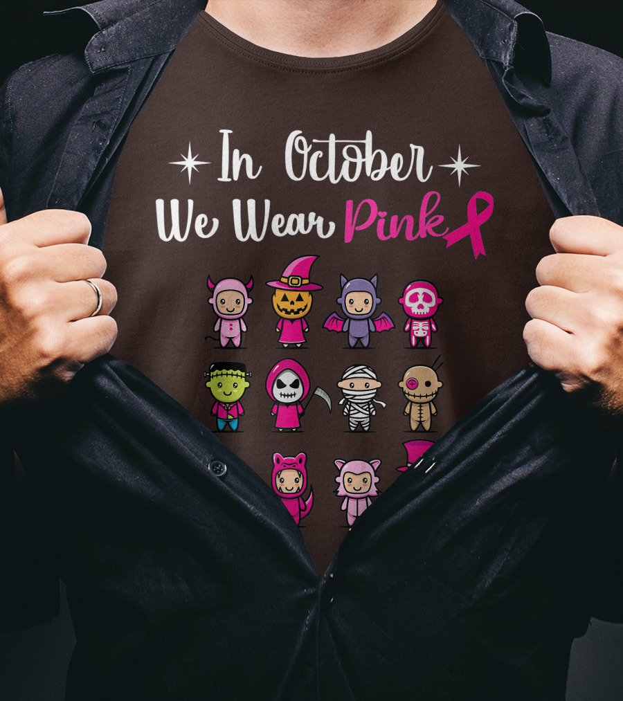 In October We Wear Pink Breast Cancer Awareness Halloween Characters T-Shirt