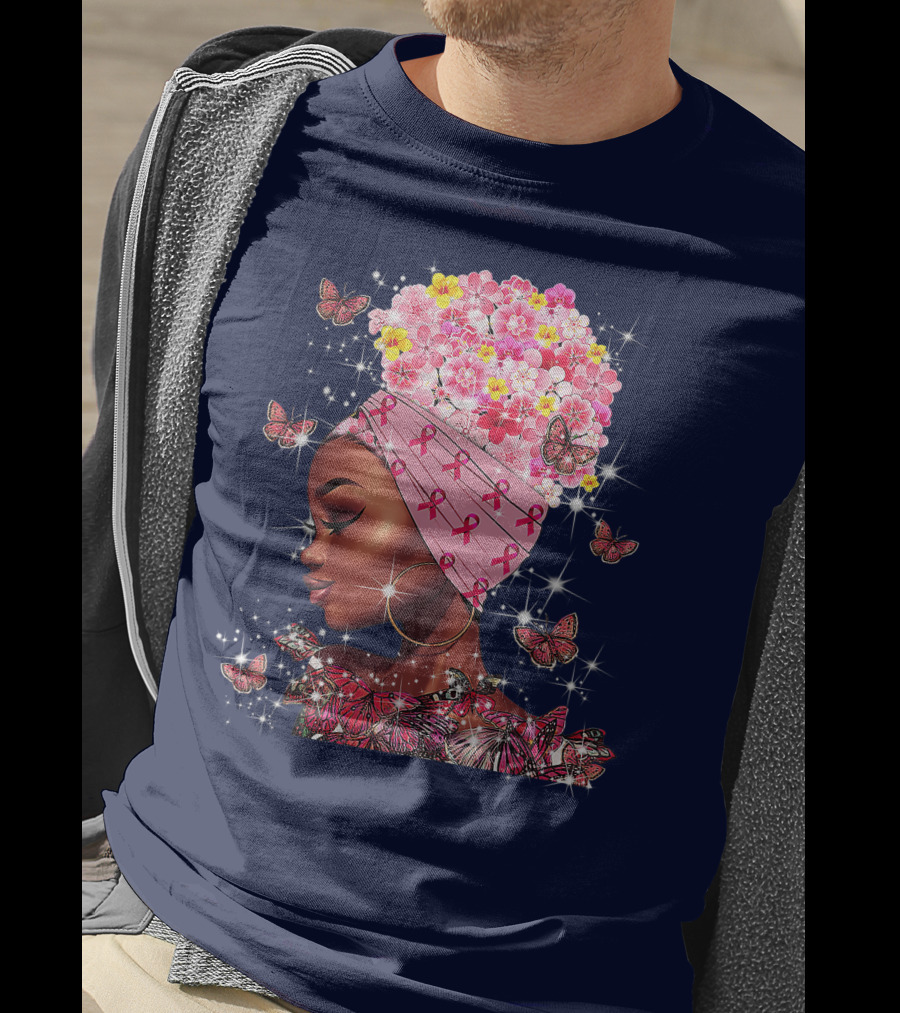 In October We Wear Pink Black Flowers Butterflies Ribbons T-Shirt