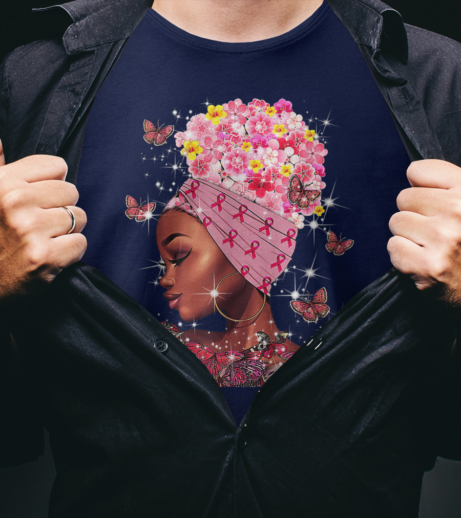 In October We Wear Pink Black Flowers Butterflies Ribbons T-Shirt