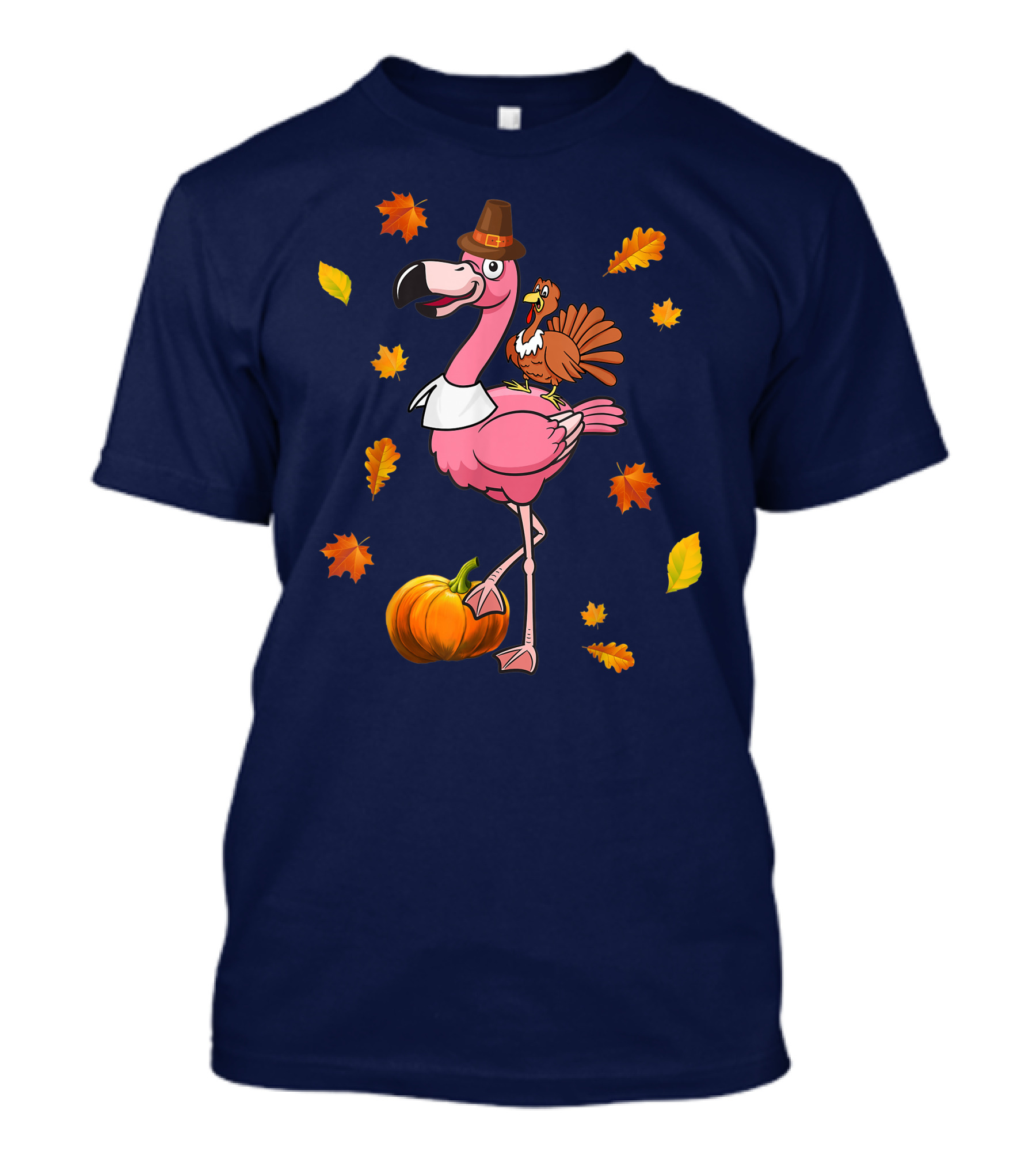 Thanksgiving Flamingo Pilgrim And Turkey With Autumn Leaves And Pumpkin T-Shirt