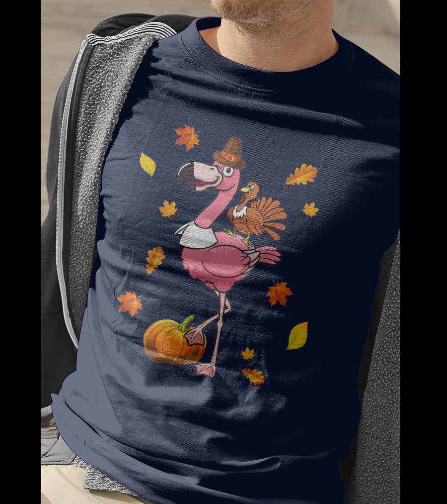 Thanksgiving Flamingo Pilgrim And Turkey With Autumn Leaves And Pumpkin T-Shirt