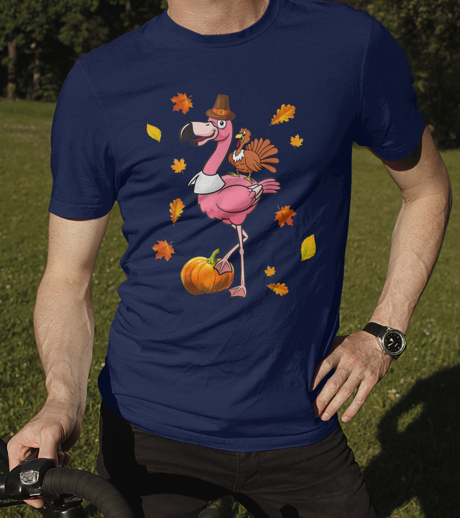 Thanksgiving Flamingo Pilgrim And Turkey With Autumn Leaves And Pumpkin T-Shirt