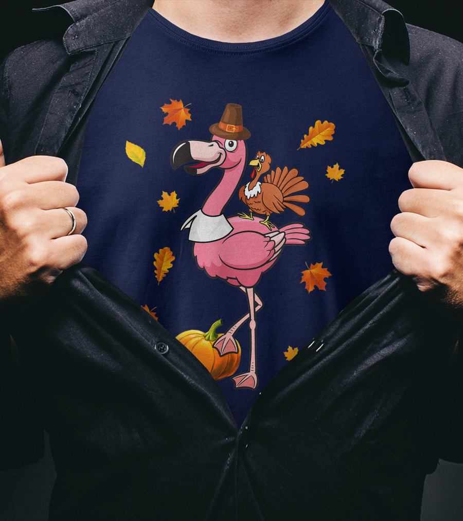 Thanksgiving Flamingo Pilgrim And Turkey With Autumn Leaves And Pumpkin T-Shirt