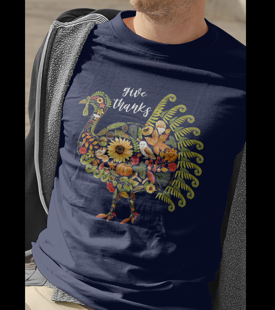 Give Thanks Vintage Autumn Botanical Turkey Thanksgiving T-Shirt