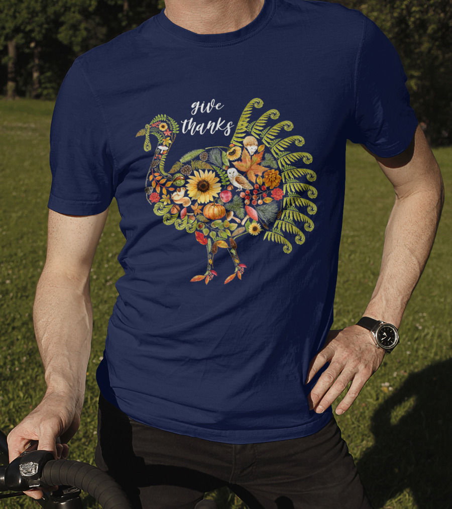 Give Thanks Vintage Autumn Botanical Turkey Thanksgiving T-Shirt