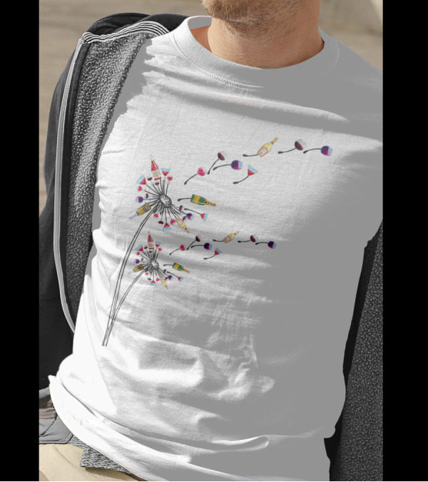 Funny Wine And Dandelion Lover Drinking Dandelion With Wine Bottles And Glasses T-Shirt