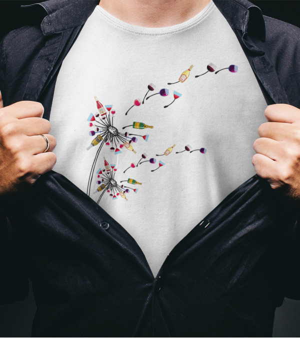 Funny Wine And Dandelion Lover Drinking Dandelion With Wine Bottles And Glasses T-Shirt