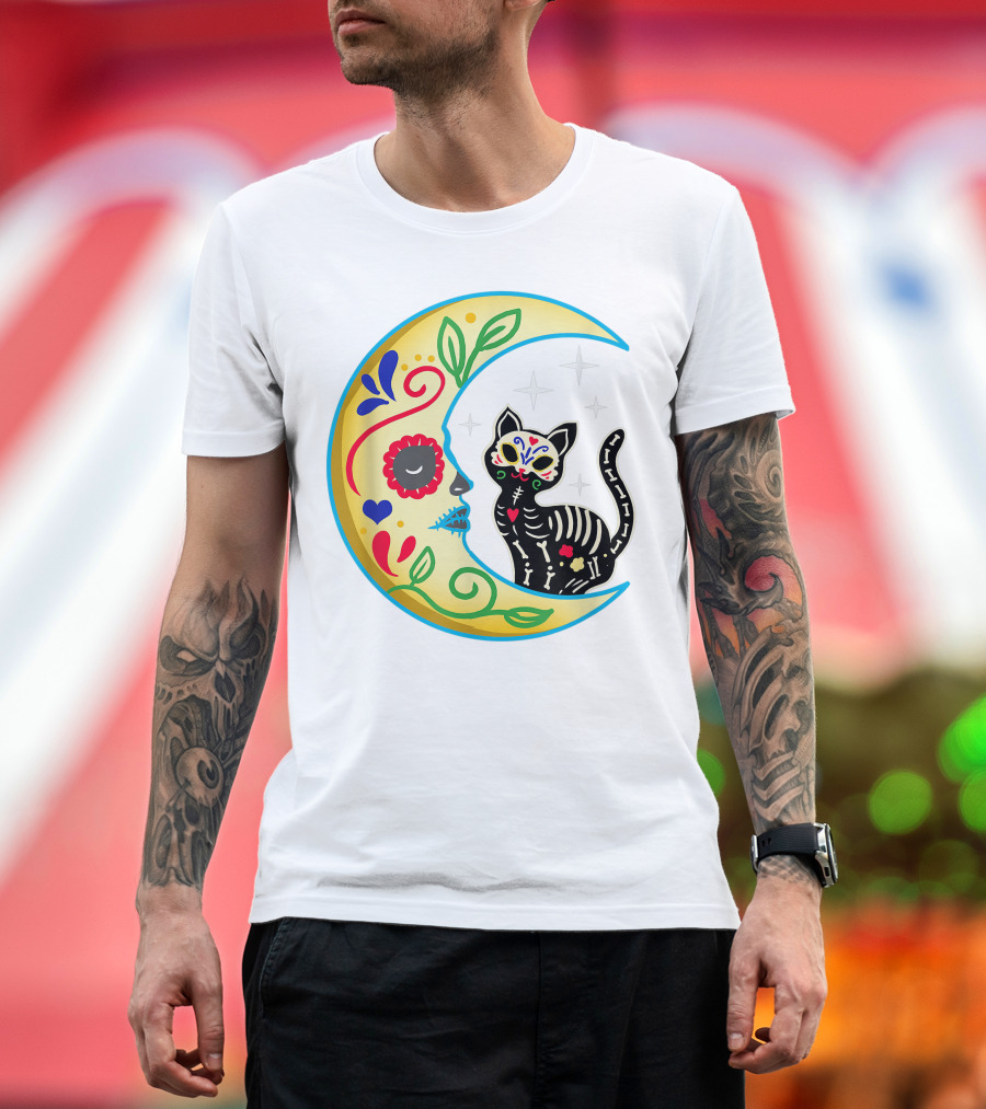 Cat and Moon Sugar Skull Dia de Los Muertos Day of the Dead Mexican Festival T-Shirt