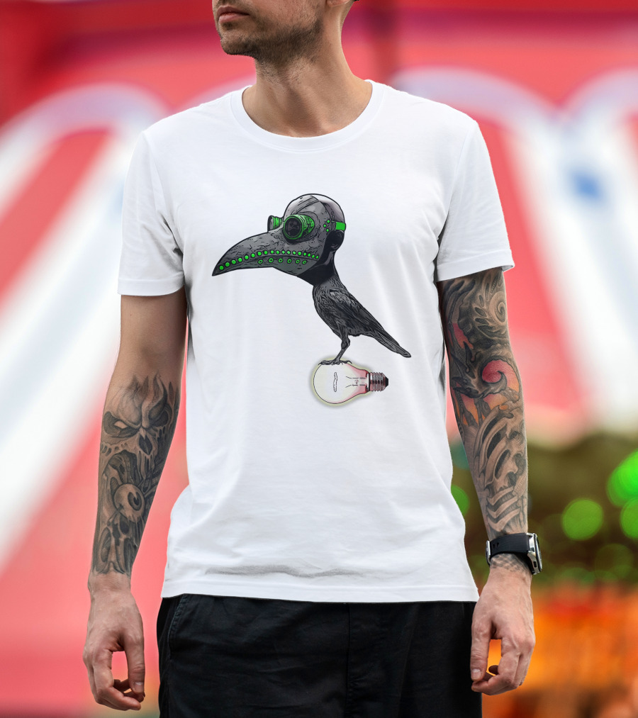Bird in Plague Doctor Mask Perched on Light Bulb T-Shirt